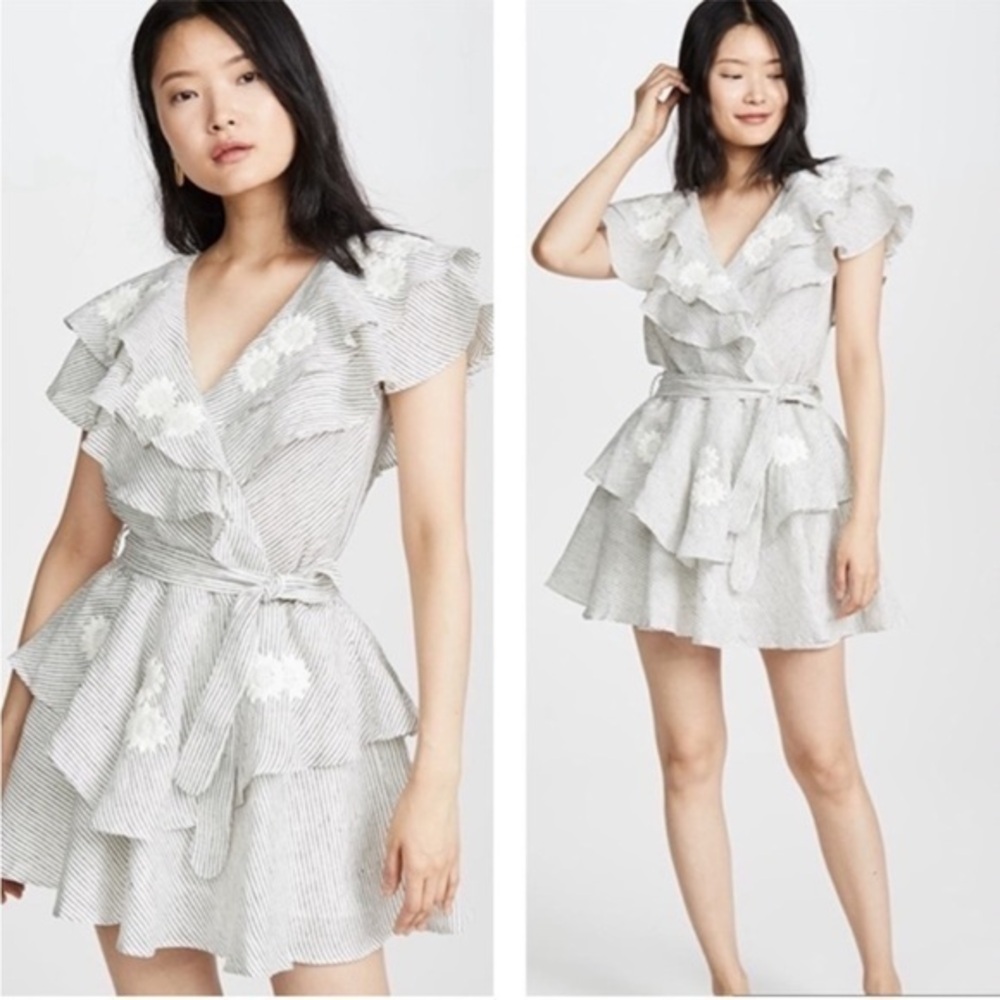 Innika Choo Sailor Wrap Linen Striped Ruffle Mini Dress Embroidered Size 1 Small